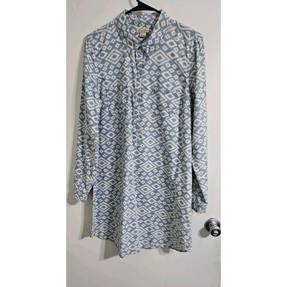 Lucky Brand Women's Chambray Denim Look Shirt Dress Large Blue‎ White Aztec
